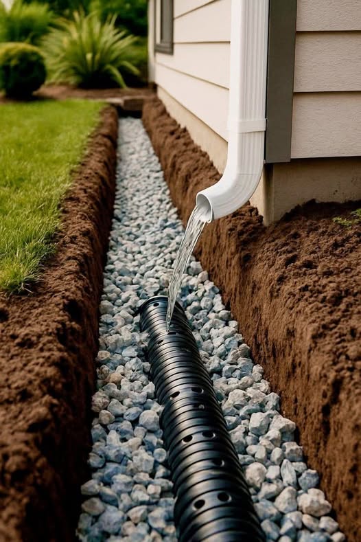 House foundation drainage with gravel bed and downspout system