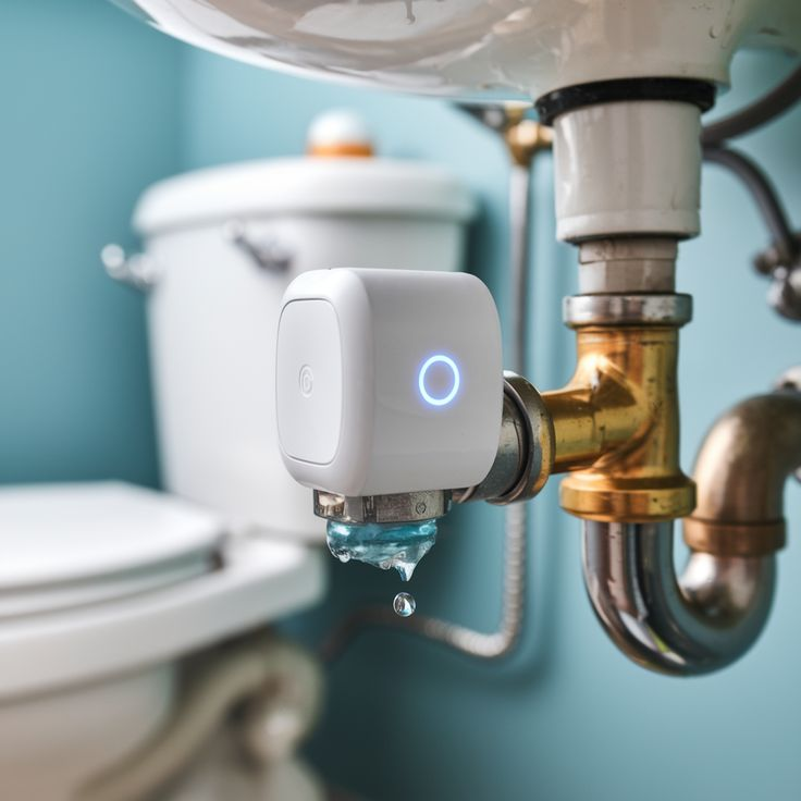 Smart water leak detector installed under bathroom sink pipe
