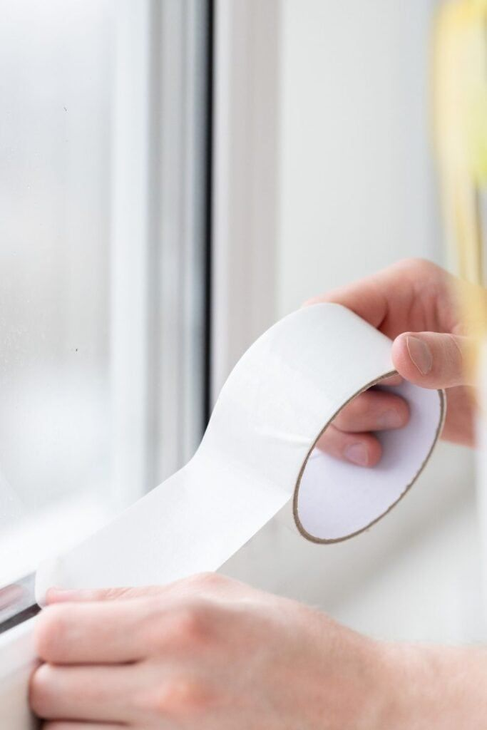 Applying insulation tape to window frame for draft protection
